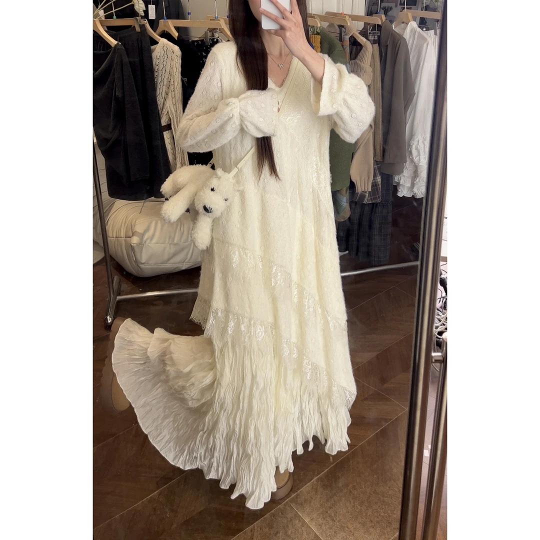 重工针织提花压褶连衣裙女秋冬长袖蕾丝长裙内搭设计感8397