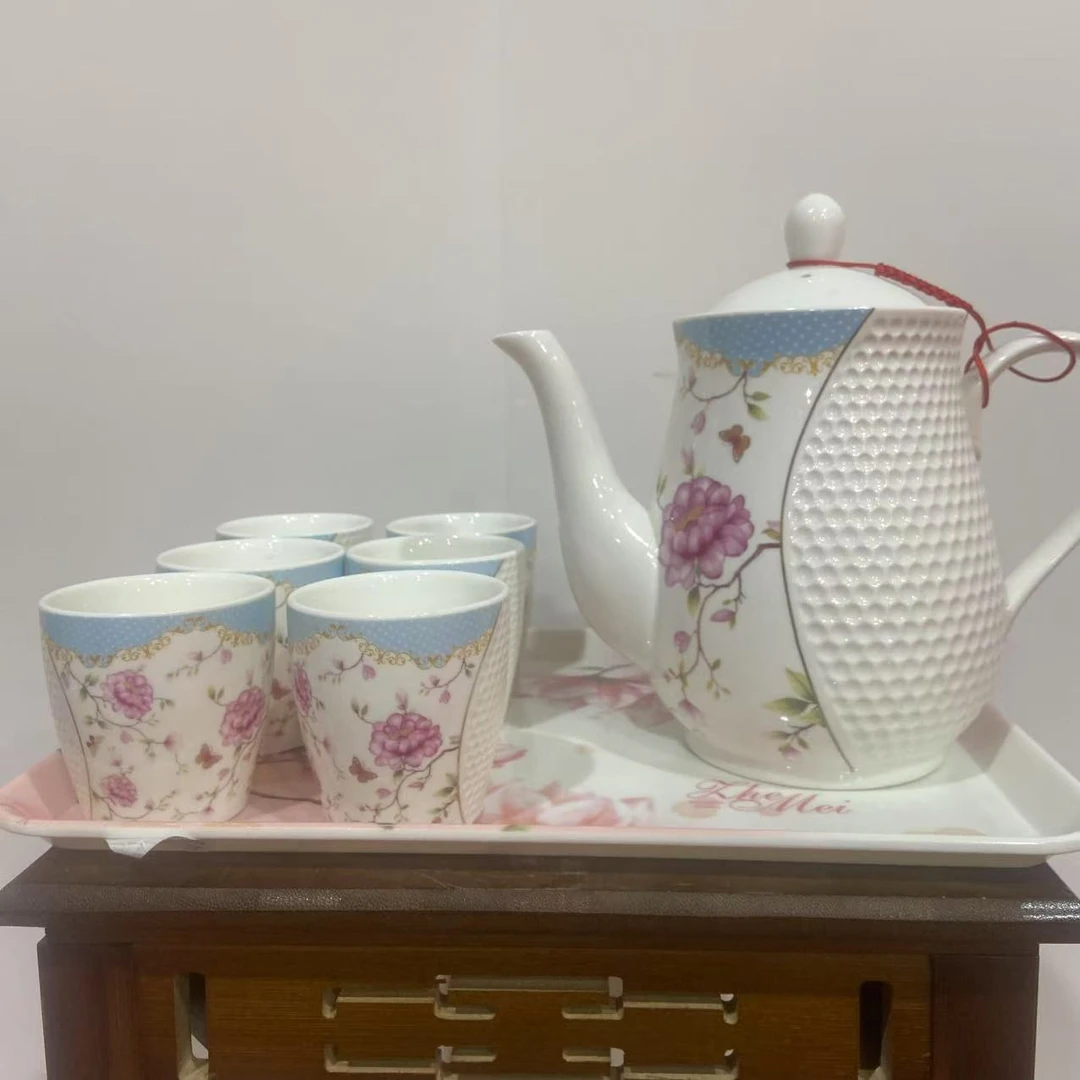 【百善瓷业】简约陶瓷水具套装 耐热水壶茶杯带托盘套组