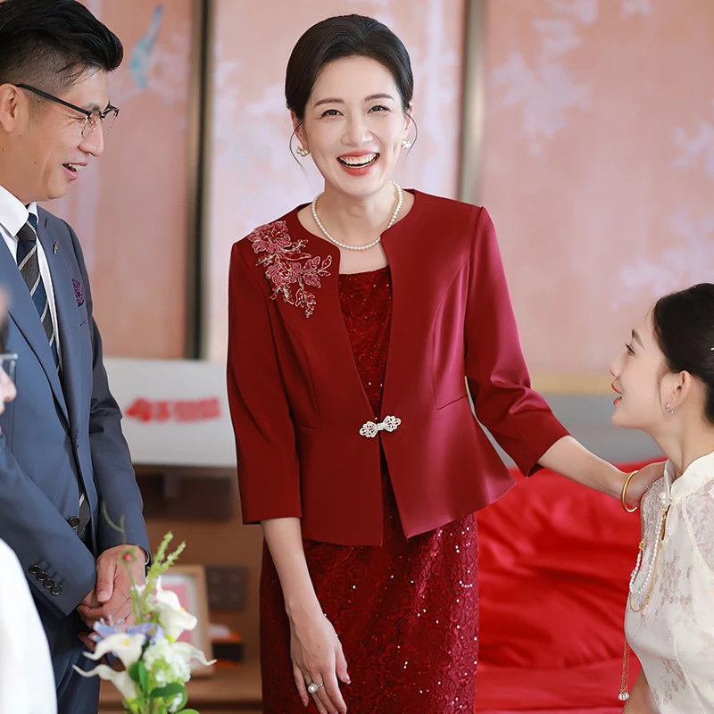 红色两件套喜婆婆喜妈妈婚宴装2025新款秋装婚礼服装结婚婚庆喜服