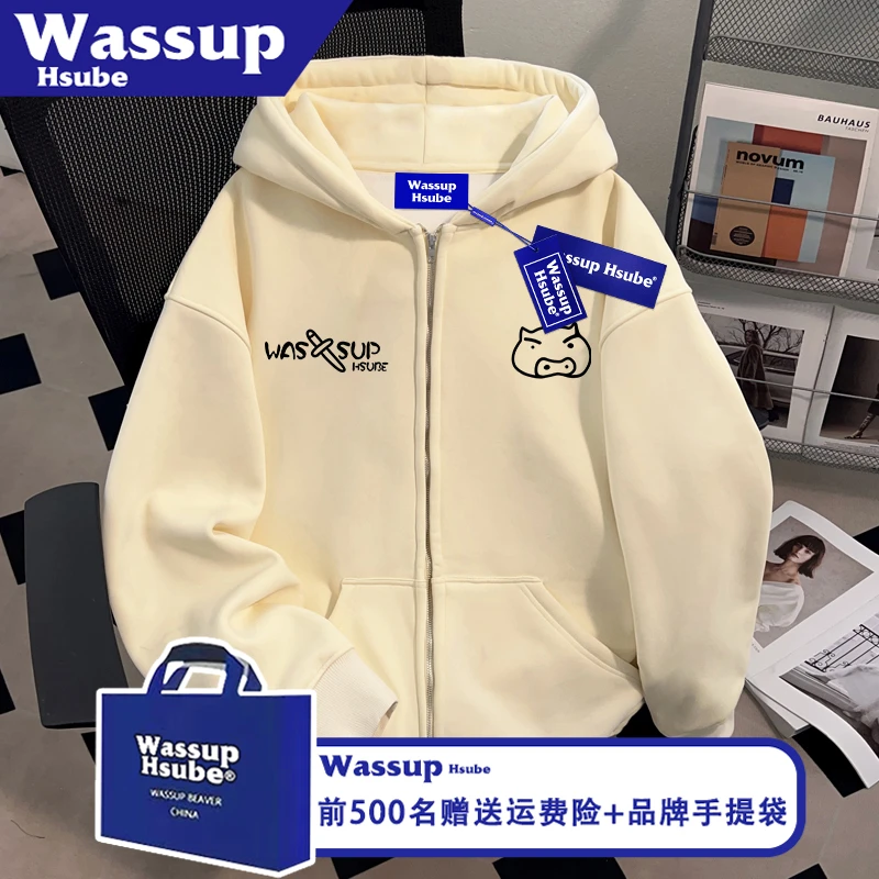WASSUP日系趣味卡通印花外套连帽拉链杏色卫衣秋冬季男女新款开衫