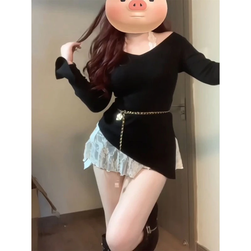 【青青】大码休闲长袖T恤女秋季时尚胖mm遮肉显瘦吊带上衣-25027