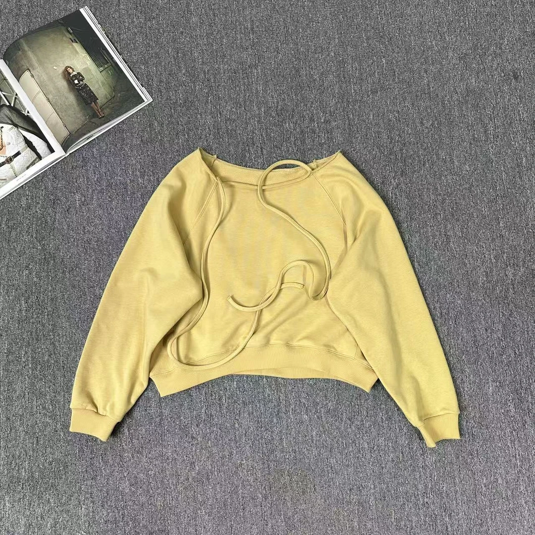 13221余小鱼 【春日序曲】黄色纯色领口飘带休闲时尚套头卫衣女装