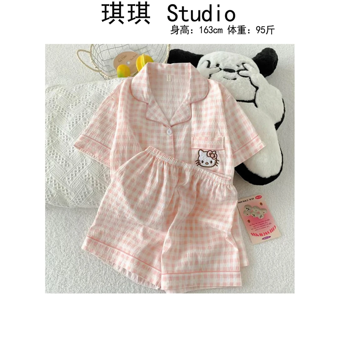 《琪琪家》夏季新款舒适亲肤翻领拼色粉格子两件套家居服25108-N