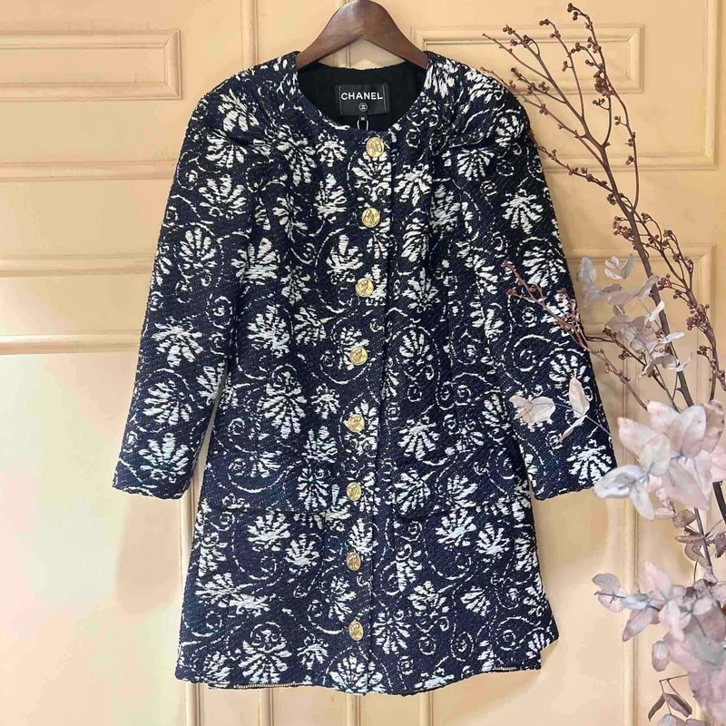Chanel18年希腊系列印花粗花呢猫头鹰扣连衣裙外套fr36