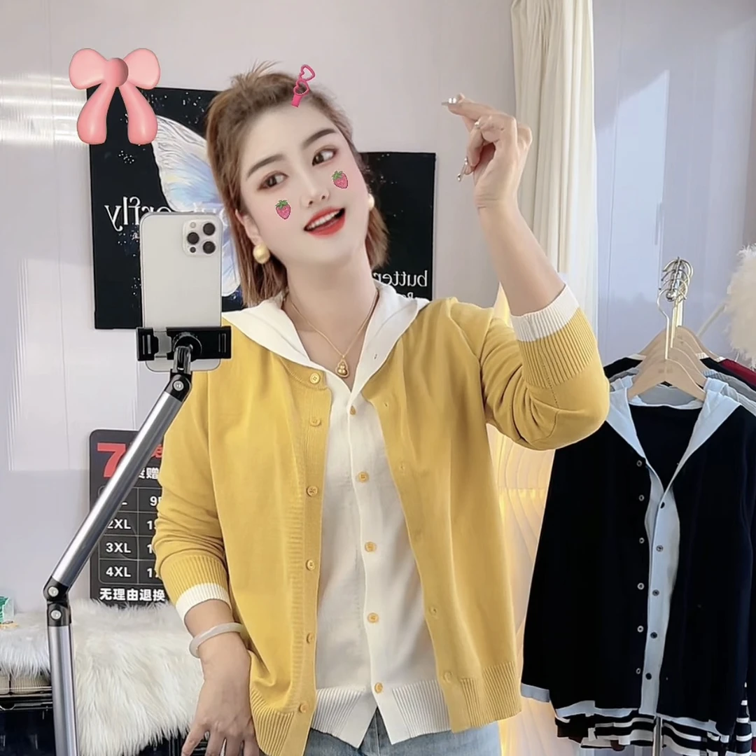 连帽假两件毛衣女春秋新款韩版设计感撞色减龄气质针织衫上衣907