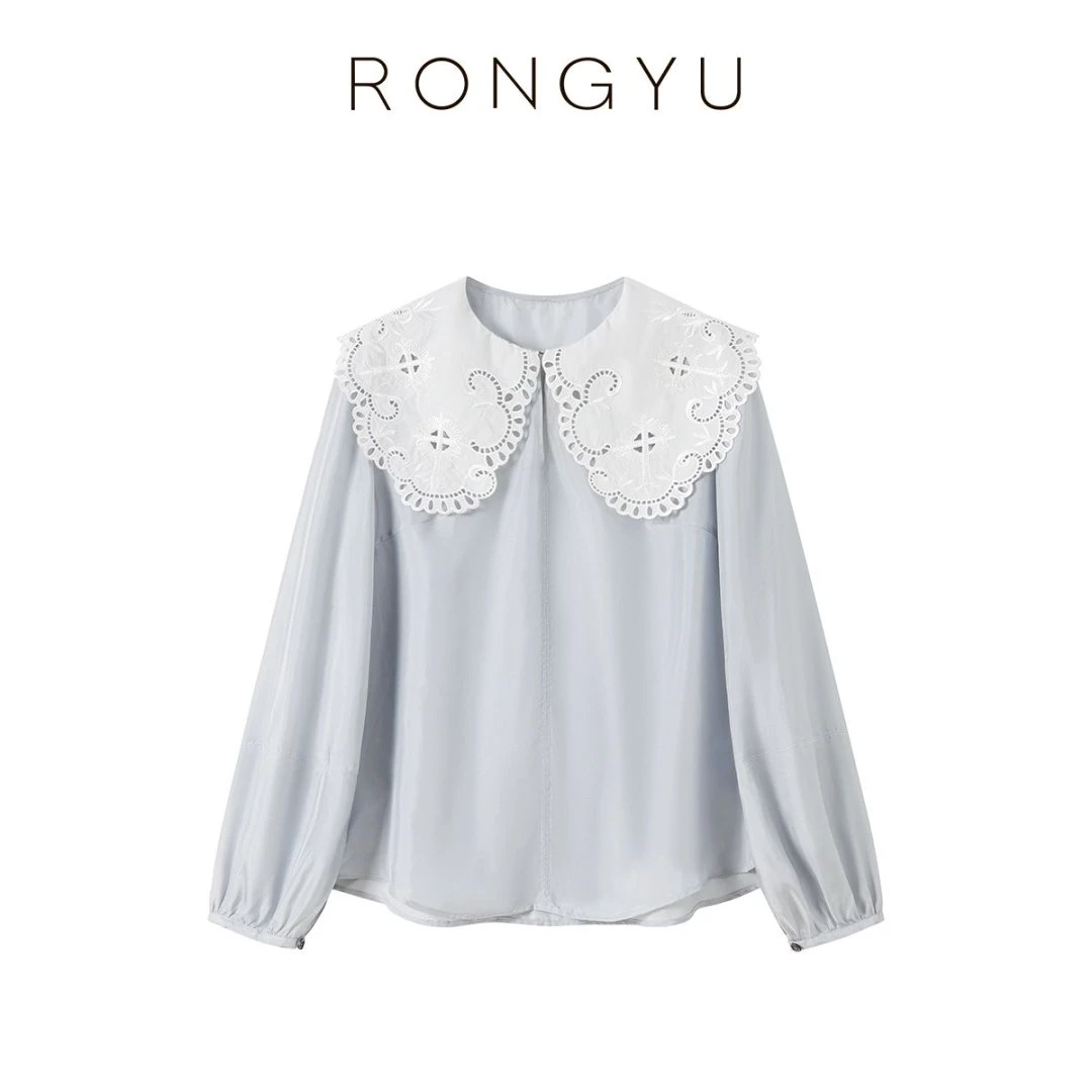 RONGYU绒郁轻奢重工刺绣蕾丝娃娃领减龄时尚百搭显白夏天法式衬衫