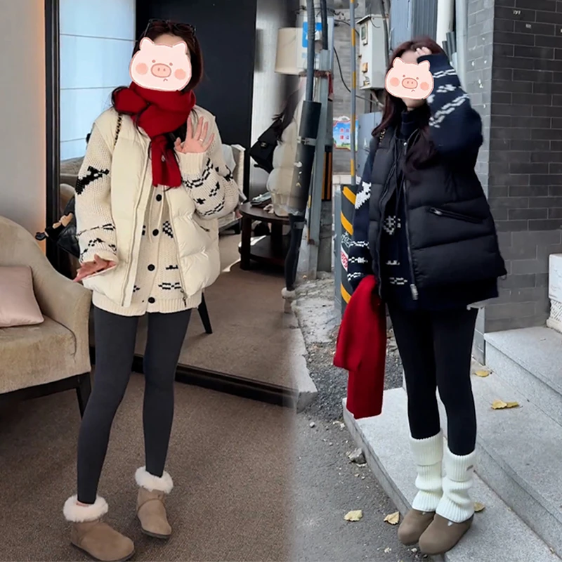 冬季新款简约无袖短款棉服马甲外套搭配慵懒宽松针织上衣两件套女