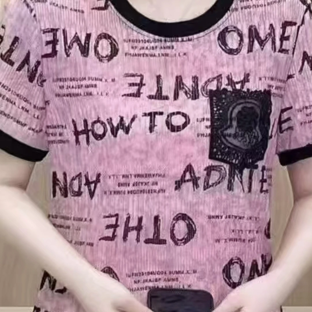 女士字母577包夏季短袖印花衬衫领减龄百搭前贴袋上衣