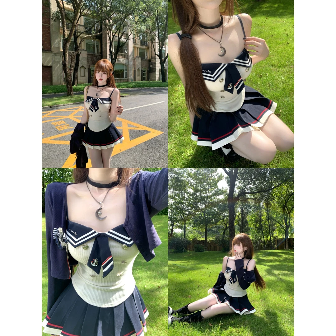 瑞茜·威瑟斯 航海恋人 秋季纯欲风显瘦吊带背心短裙开衫 R7097-1V