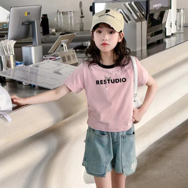 【丫丫童装】女童双扣字母短袖A051-051