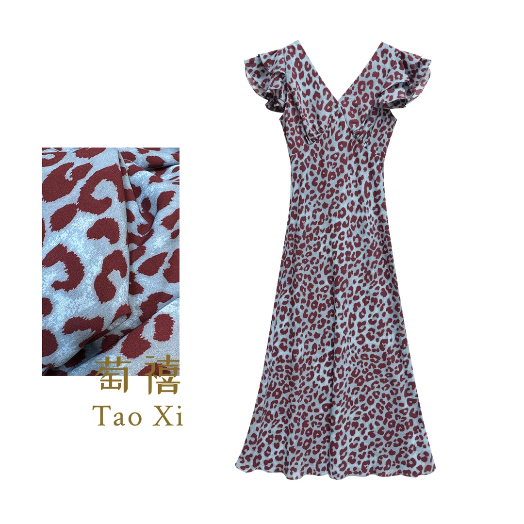 【有你】夏季高级豹纹花桑蚕丝V领飞飞袖收腰气质连衣裙TX06QZ1146