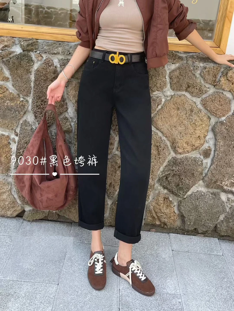 黑色小个子显高九分直筒牛仔裤女梨型身材秋季新款