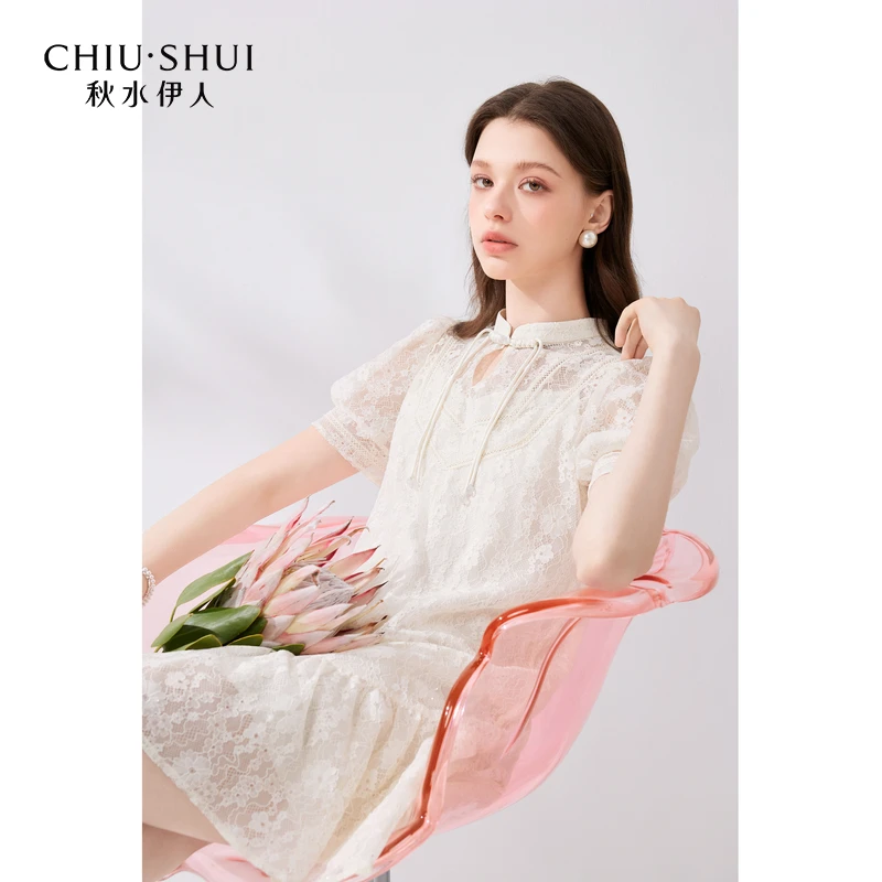【许半夏专属】秋水伊人国风设计感蕾丝连衣裙2024夏新款女减龄泡泡
