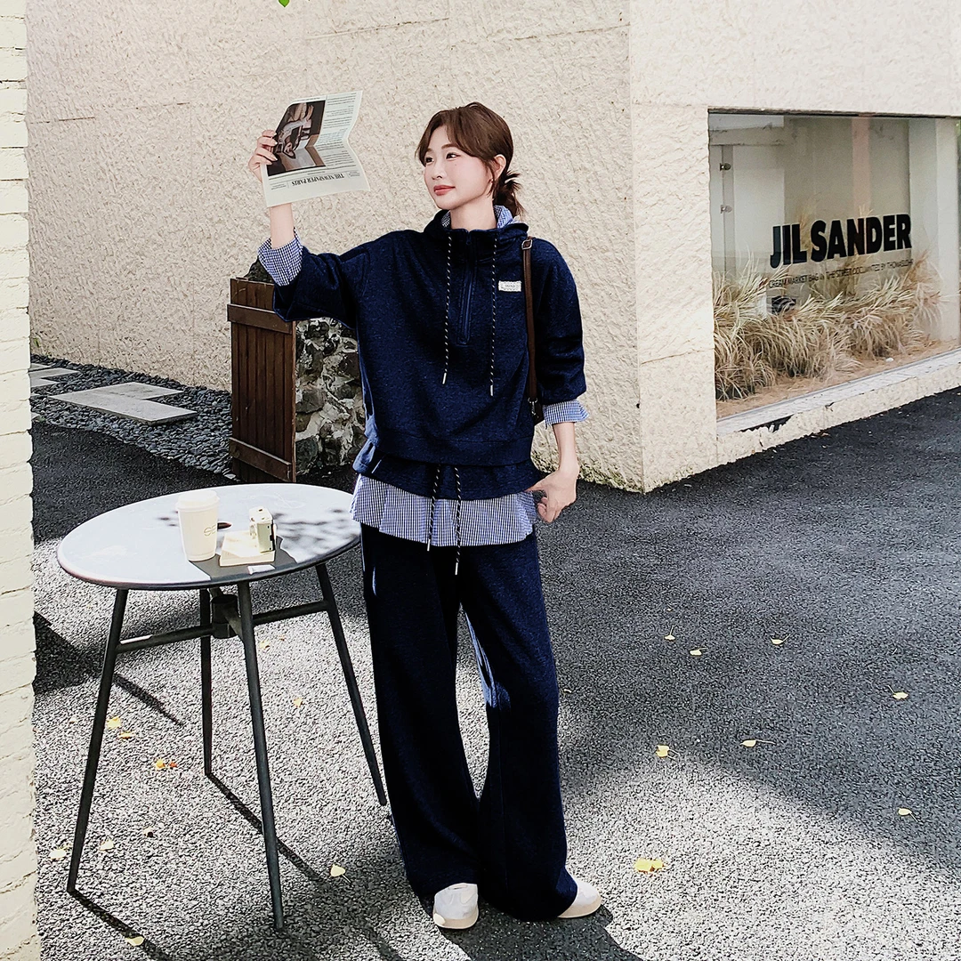 藏青色格纹拼接韩系卫衣套装2025新女春秋chic高级感阔腿裤一整套