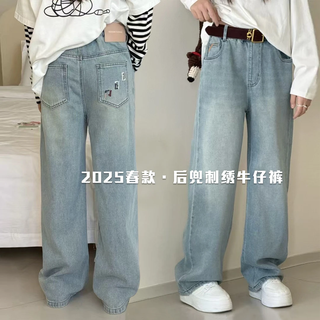 高定【春款弹力牛仔裤】女童阔腿裤宽松后兜刺绣直筒裤子1720