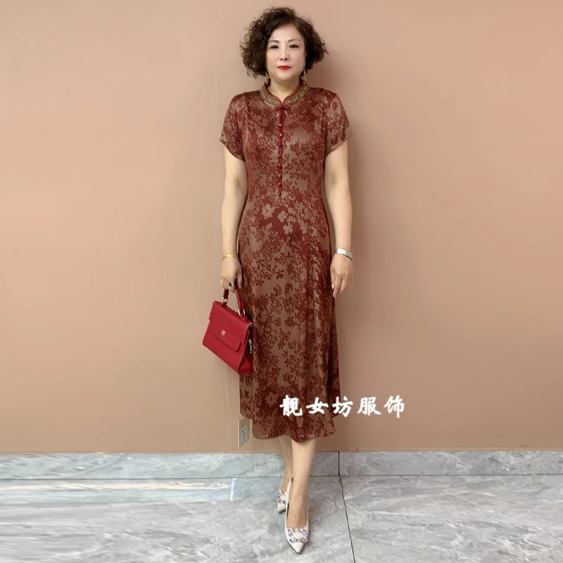 醋酸旗袍裙夏季新款中式复古优雅减龄碎花中长裙阔太太轻奢连衣裙