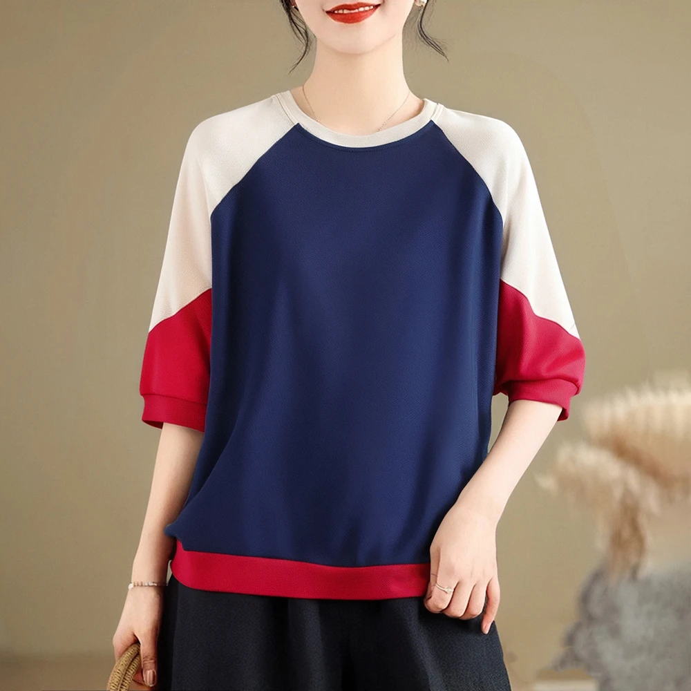 胖妹妹宽松显瘦复古百搭五分袖T恤夏装圆领新款文艺休闲大码上衣