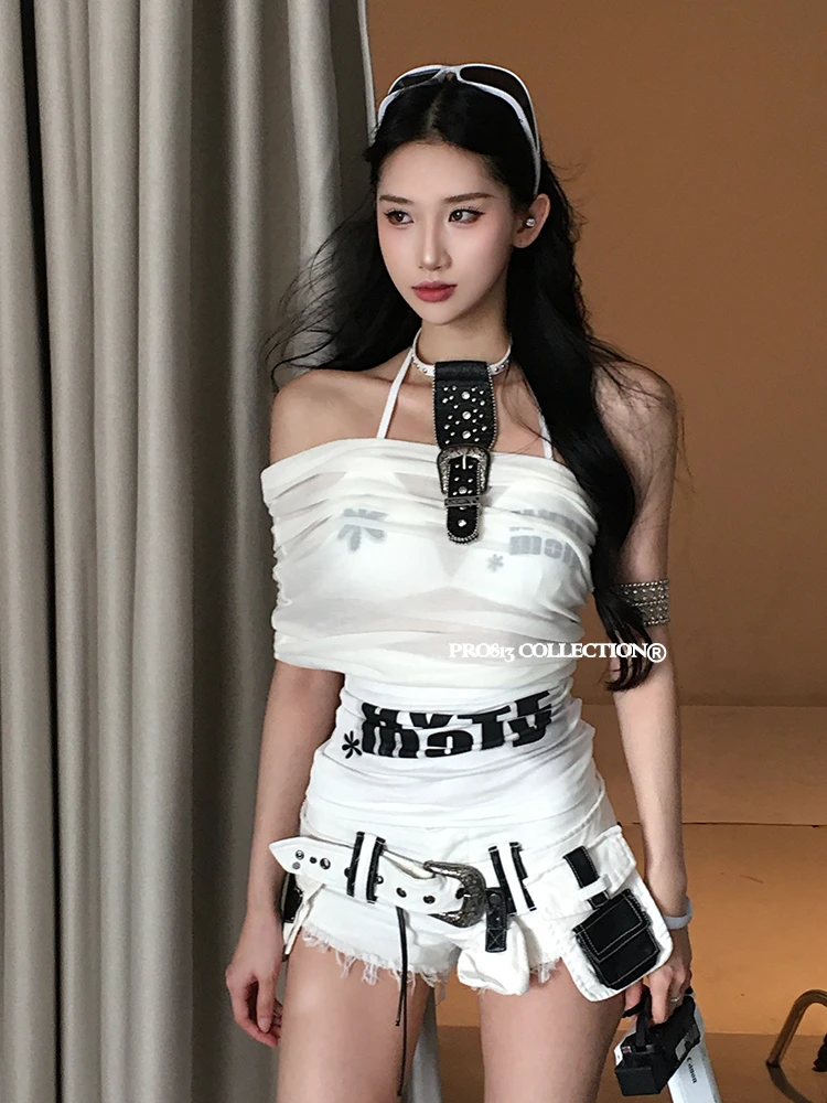 6NE 一字肩罩衫女夏季腰头美式拼接印花吊带修身比基尼两件套辣妹