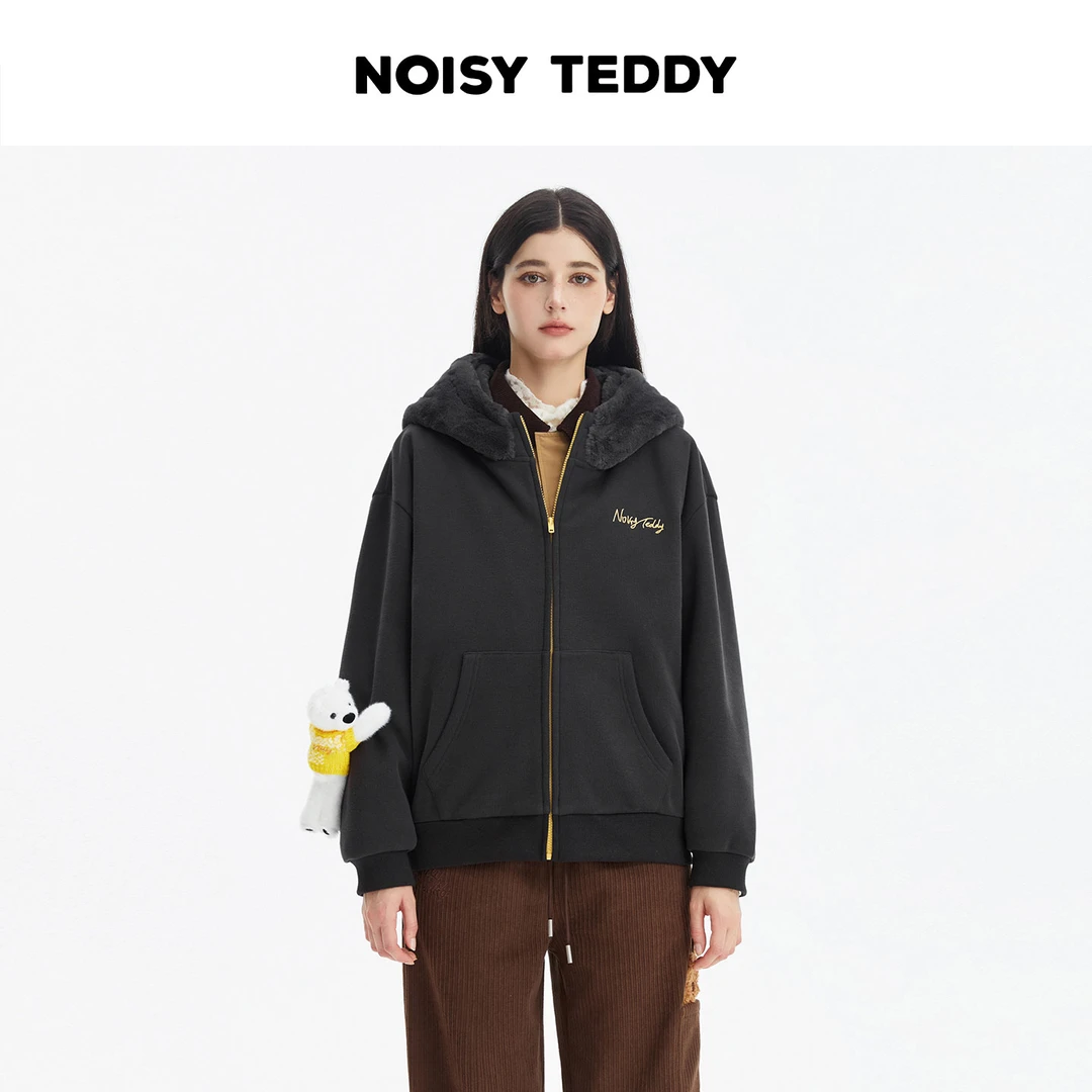 NOISY TEDDY 考拉可爱外套深灰色秋冬宽松拉链开衫