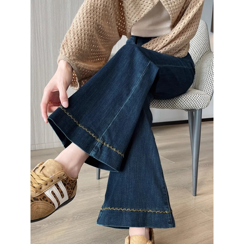 复古微喇牛仔裤女秋冬新款加绒加厚大码显瘦小个子高腰九分喇叭裤