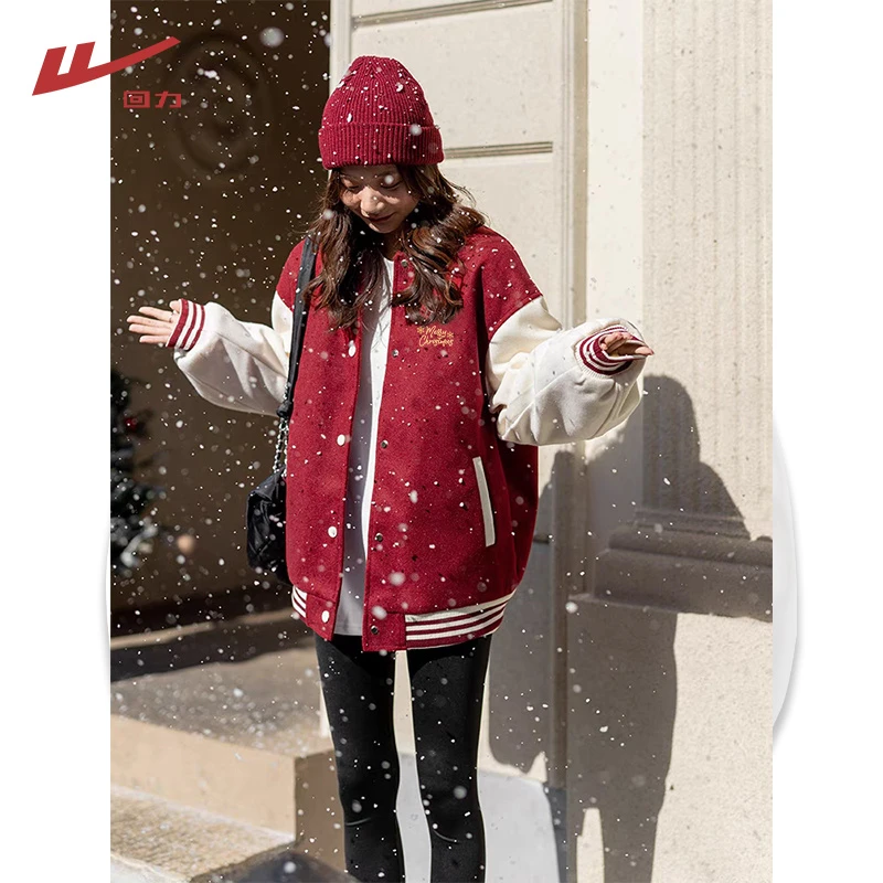 回力撞色插肩袖棒球服男女同款秋冬季新款加绒加厚奥粒绒夹克外套