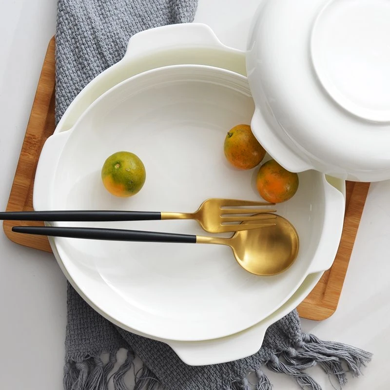 一站购优质纯白无铅骨瓷防烫家用双耳汤盘空气炸锅沙拉碗陶瓷菜盘