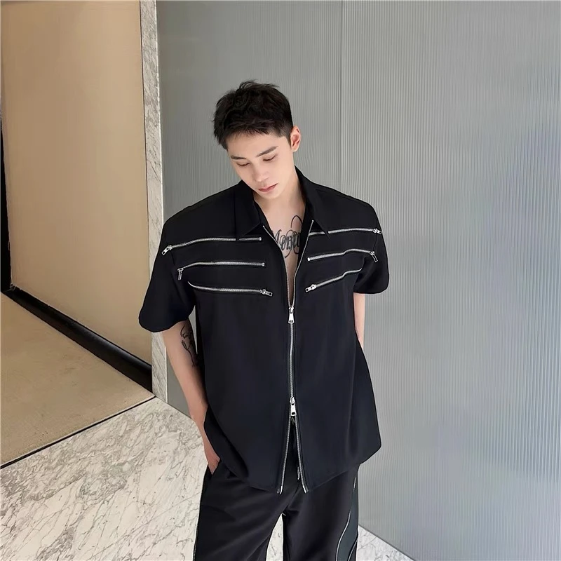 S230多拉链装饰双头拉链门襟纯色个性短袖衬衫