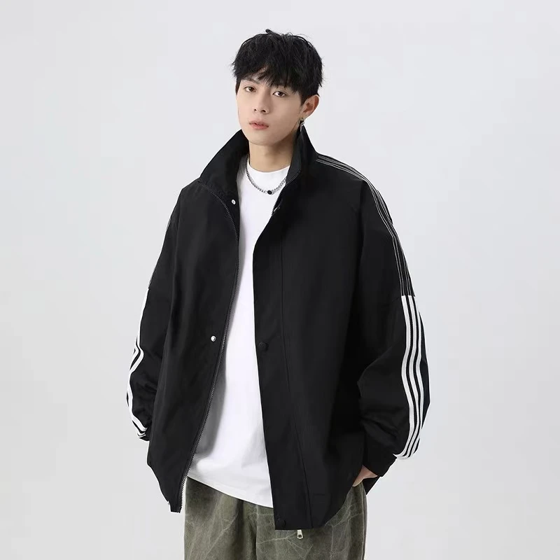 情侣三条杠宽松潮牌外套女立领夹克加肥大码春秋休闲百搭上衣男生