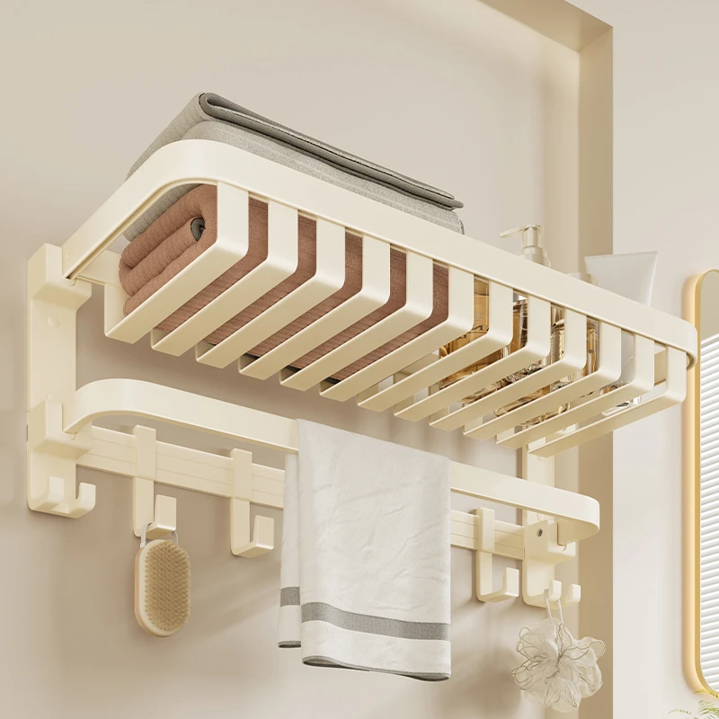 免打孔卫生间壁挂式加厚浴巾架毛巾架太空铝洗澡间置物架一体架子