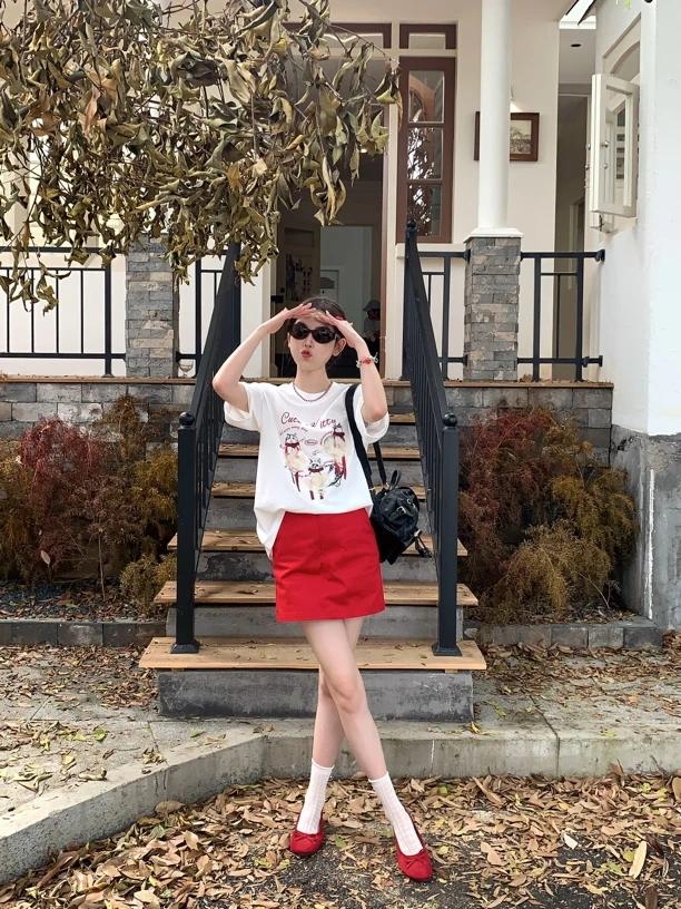 【赵小小yimao】27968 美式复古趣味系带猫猫短袖T恤套头体恤上衣女