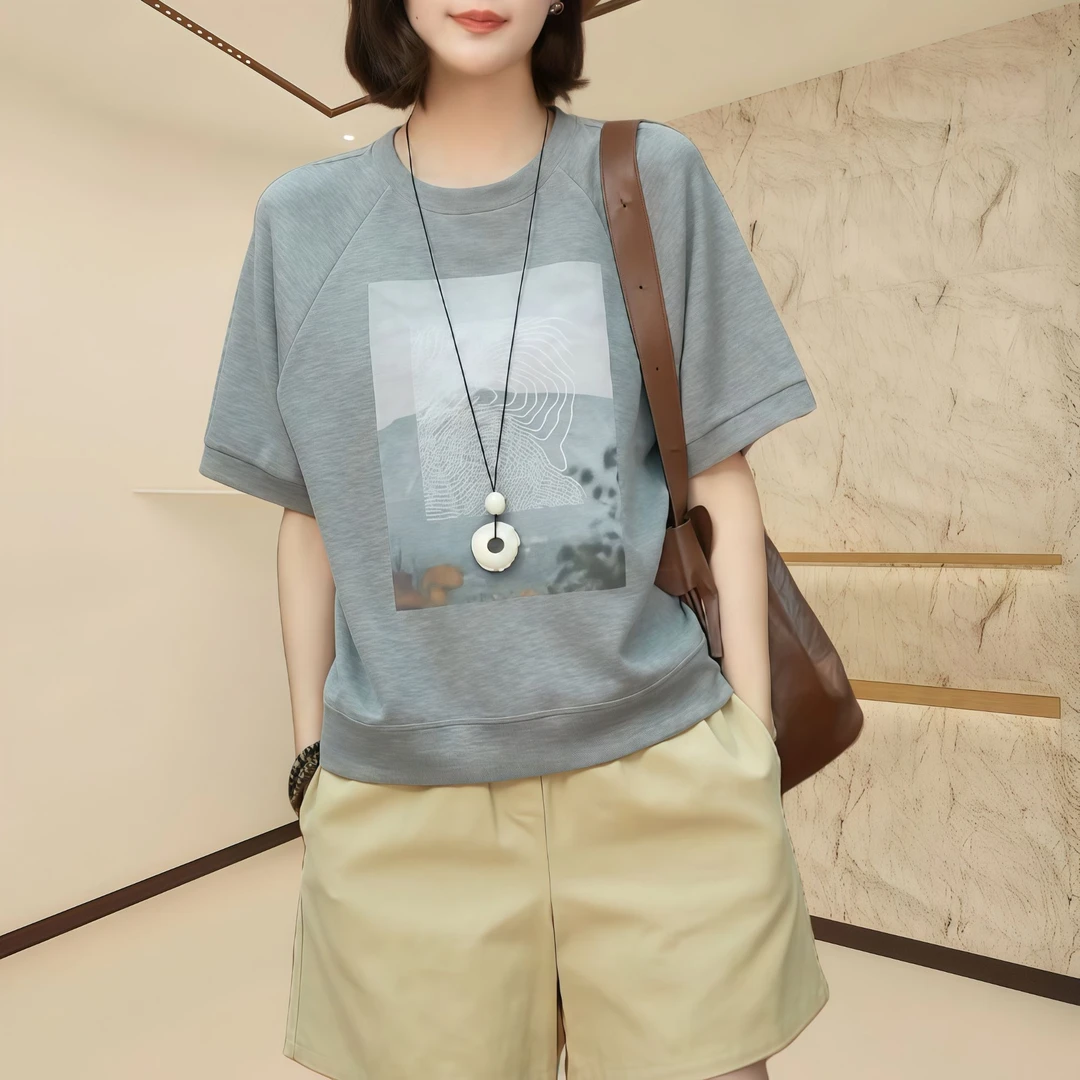 时尚印花设计宽松显瘦圆领短袖T恤2025夏季新款百搭休闲气质上衣