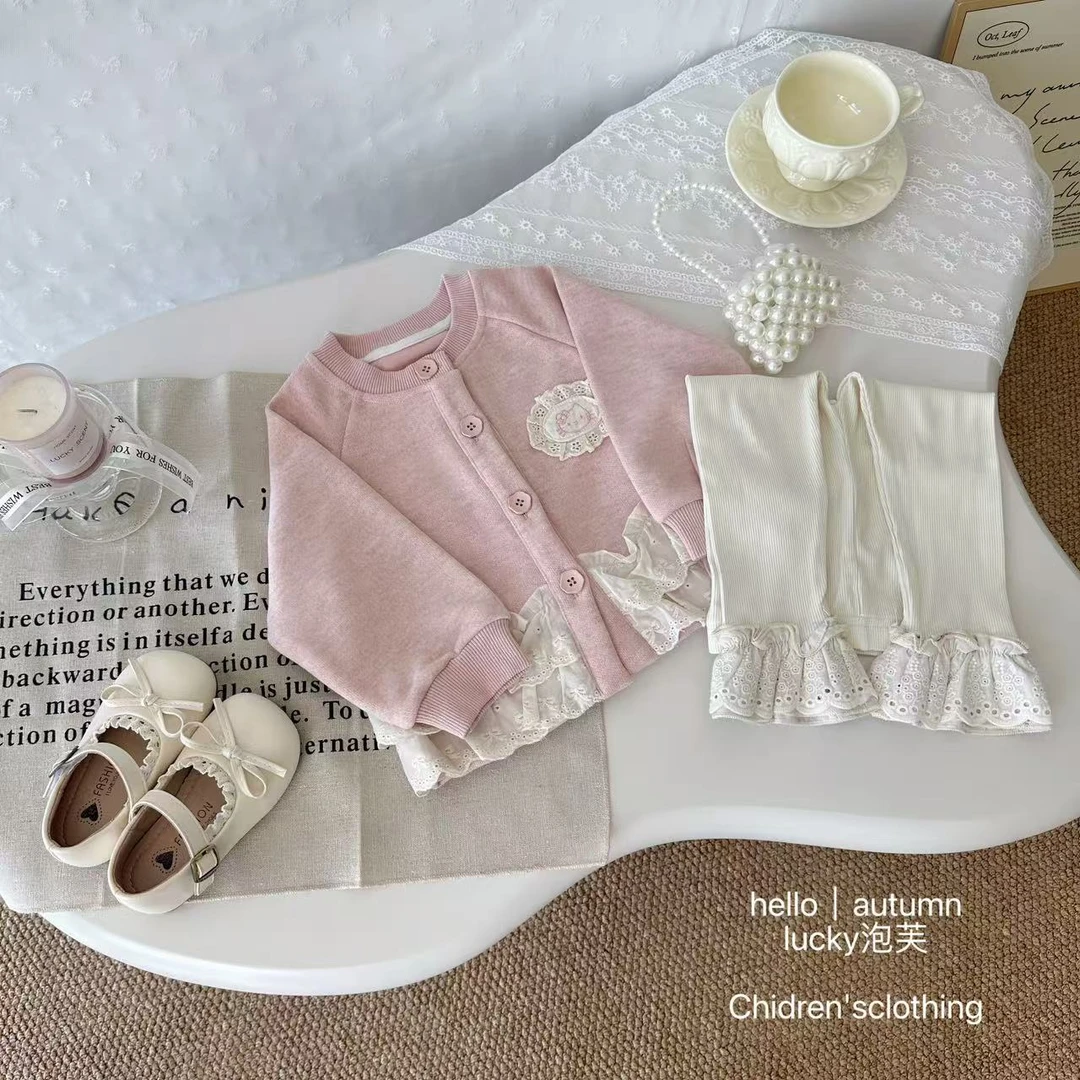 【lucky泡芙】甜妹专属！女童萌气花边拼接秋冬蕾丝边外套打底裤套装