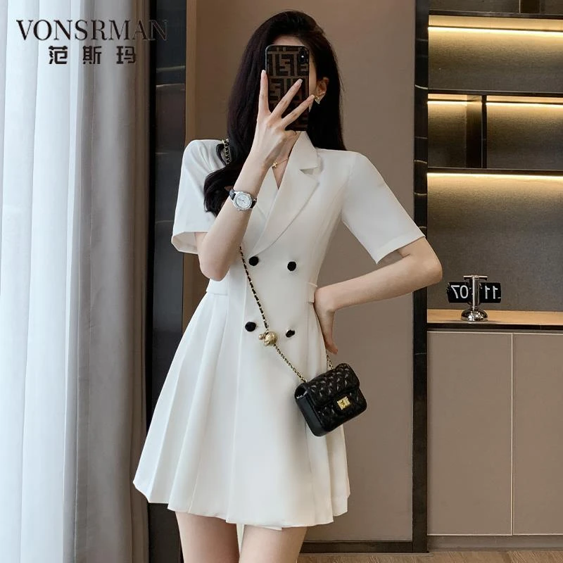 白色西装洋装女夏季2025年新款名媛气质女神范短袖职业西服裙子女