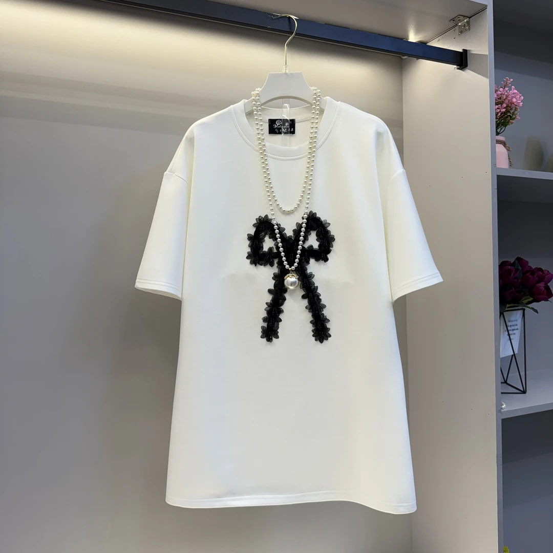 欧货2025新款胖mm简约洋气高级感蝴蝶结百搭显瘦半袖(衣长75)