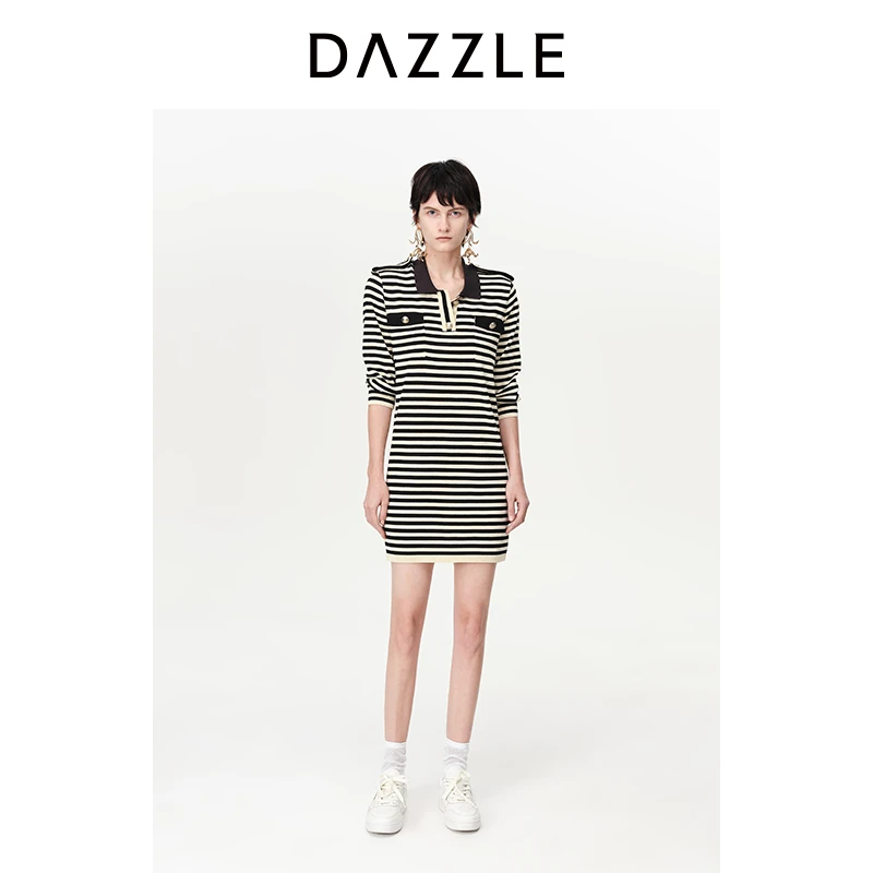 专选DAZZLE地素奥莱毛衫连衣裙新款海军风复古针织裙女2H3E608