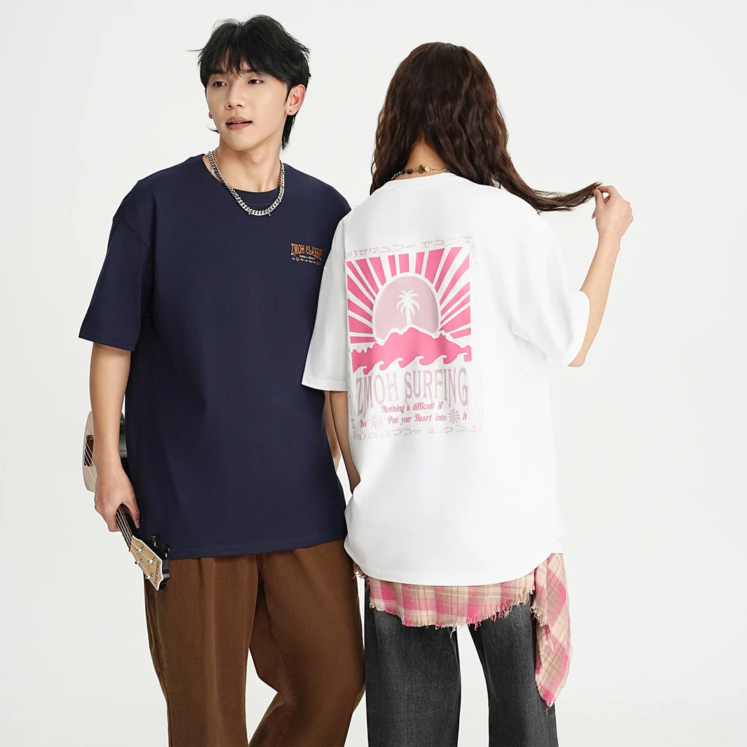 ZMOH休闲美式撞色印花透气纯棉重磅圆领落肩情侣款宽松短袖男女款