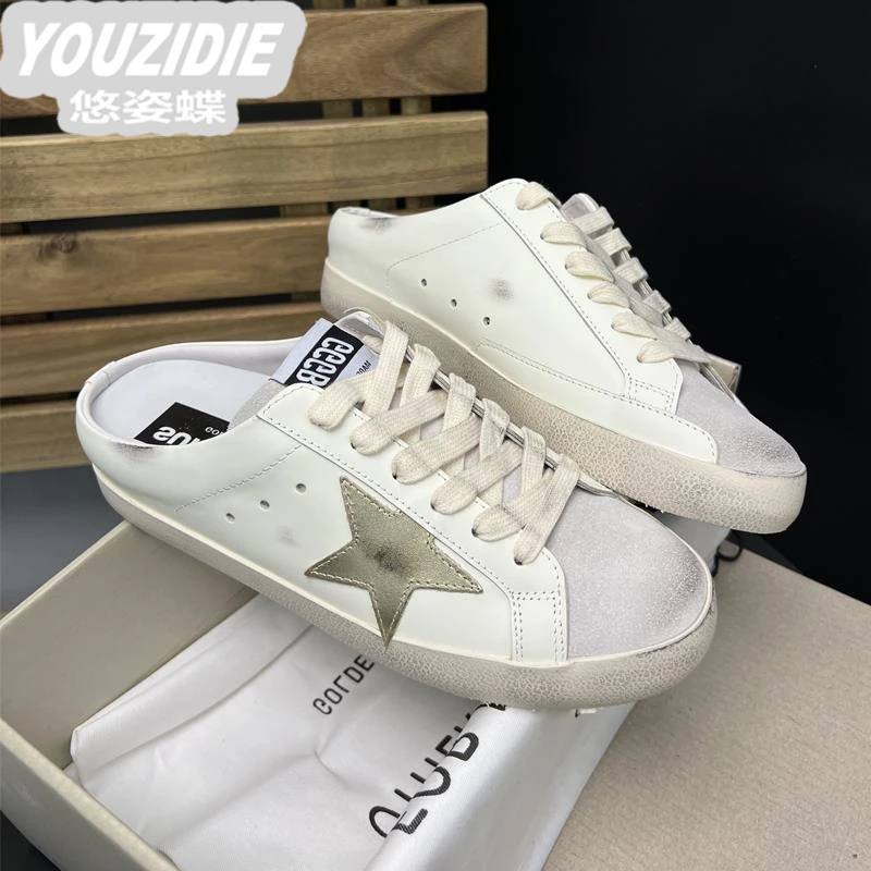 2025年新款做旧复古半包小脏鞋女星星一脚蹬懒人真皮低帮脏脏板鞋