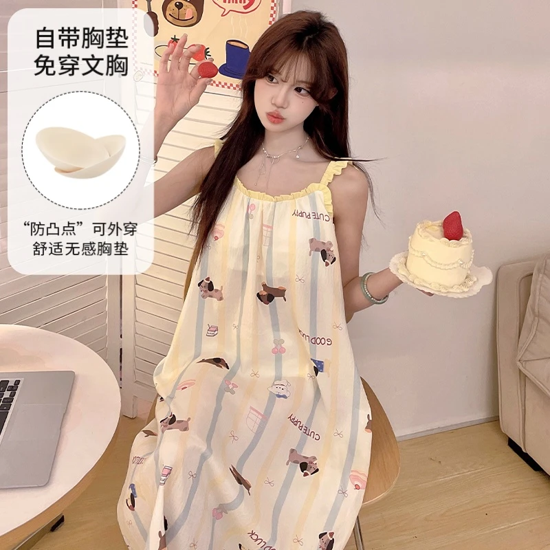 2025新款吊带睡裙带胸垫女夏季甜美条纹腊肠狗舒适夏天薄款宽松