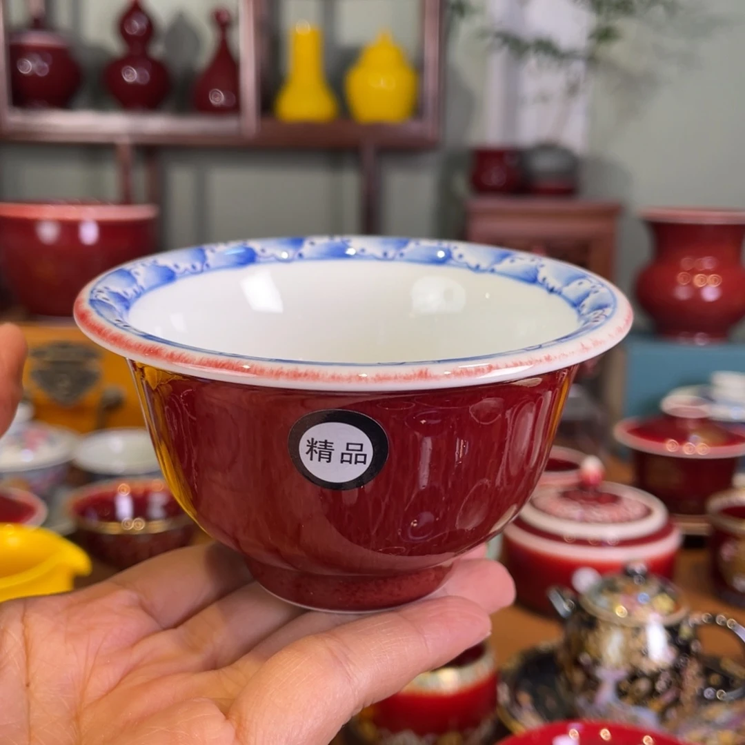清欢雅玩原矿郎红精品内绘鸿运当头压手杯