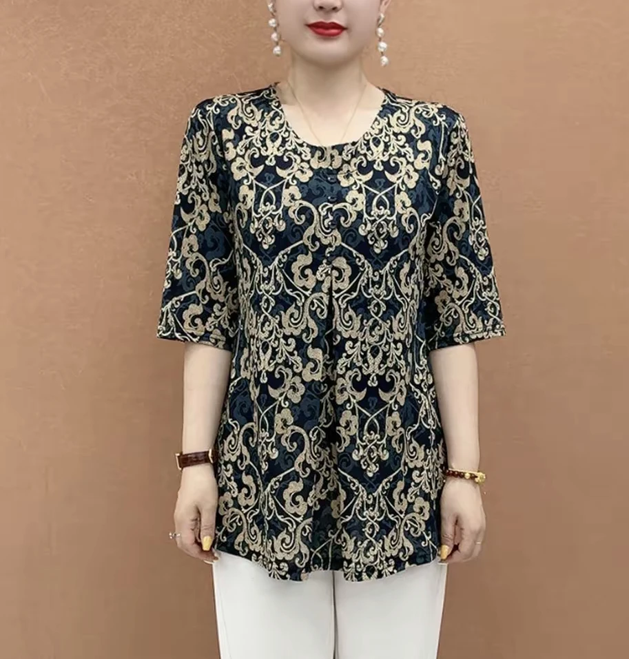 爆款高档圆领冰丝t恤上衣女妈妈时尚百搭气质遮肉大码小衫女