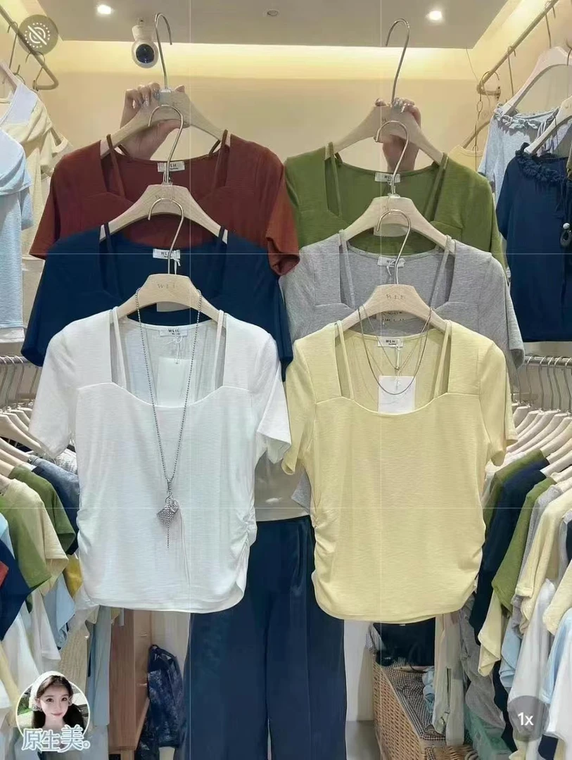 MAMIE【美丽公式】夏季韩版设计感褶皱显瘦百搭休闲纯色短袖上衣
