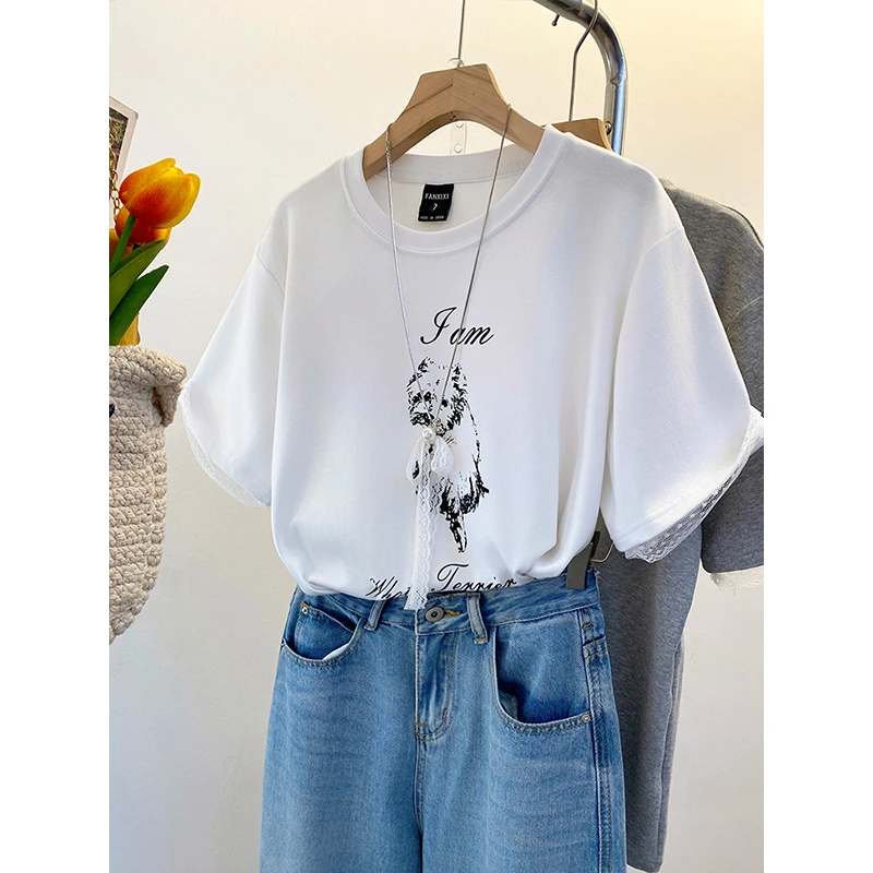 设计感蕾丝拼接短袖t恤大码女装2025新款夏胖mm宽松休闲上衣200斤
