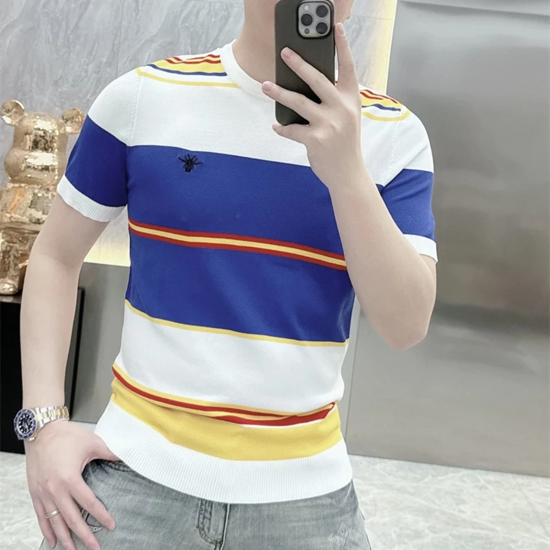针织短袖T恤男2025夏季条纹修身冰丝冰麻半袖时尚潮流百搭打底衫