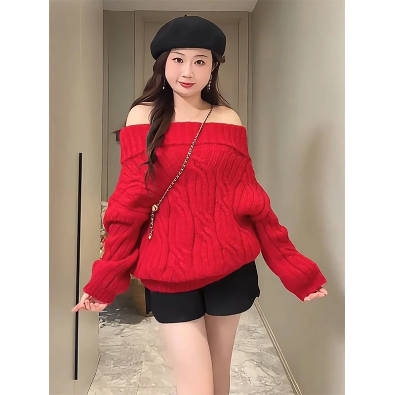 大码胖mm秋冬宽松慵懒风内搭长袖毛衣韩系气质显瘦一字肩针织衫女