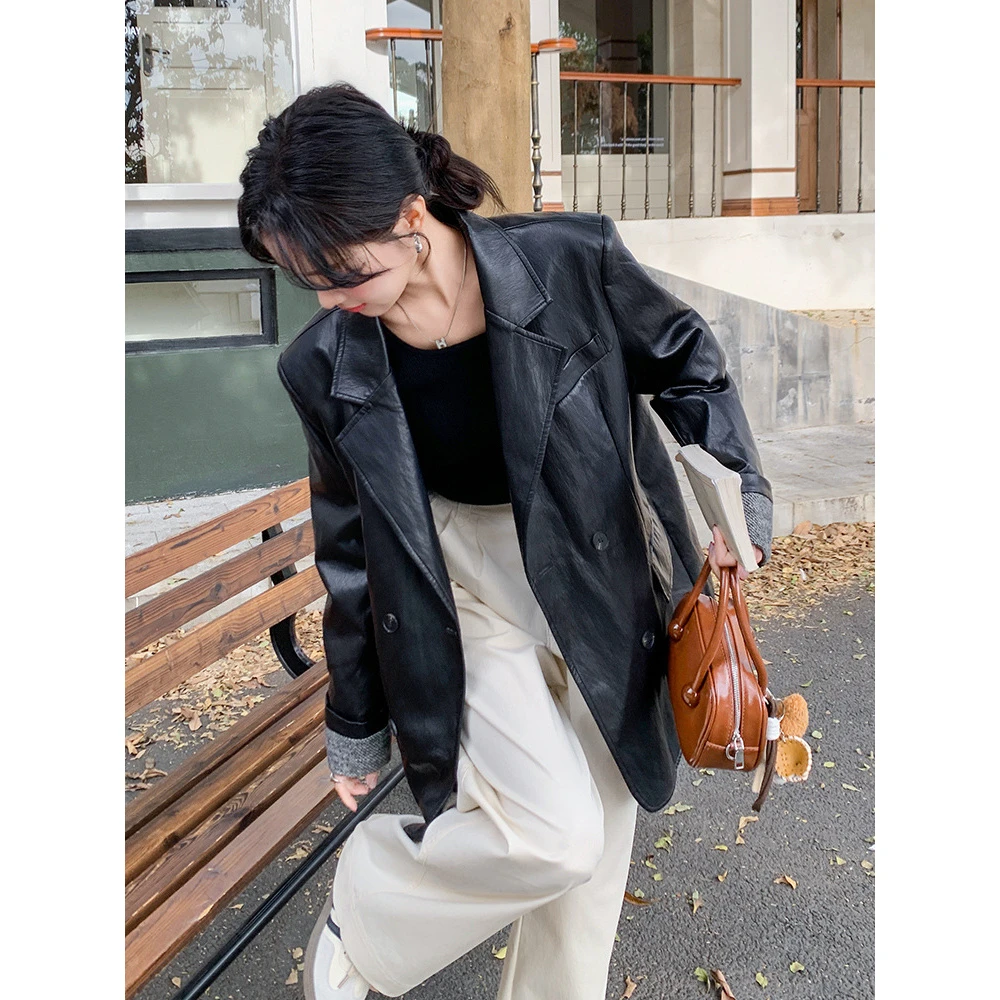 秋季西装皮衣宽松复古短款休闲小个子时尚气质爆款外套黑色韩版
