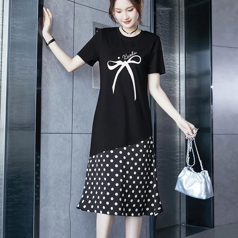 2025新款连衣裙女夏季显瘦遮肚子减龄宽松休闲长裙洋气拼接t恤裙