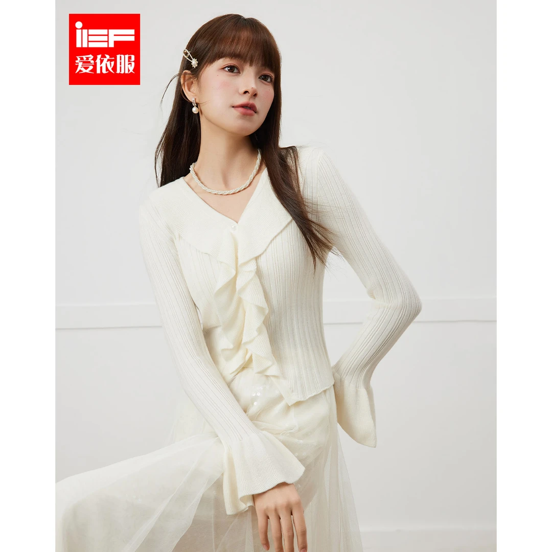 IEF/爱依服2025秋季小众设计性感荷叶边减龄温柔风毛织上衣