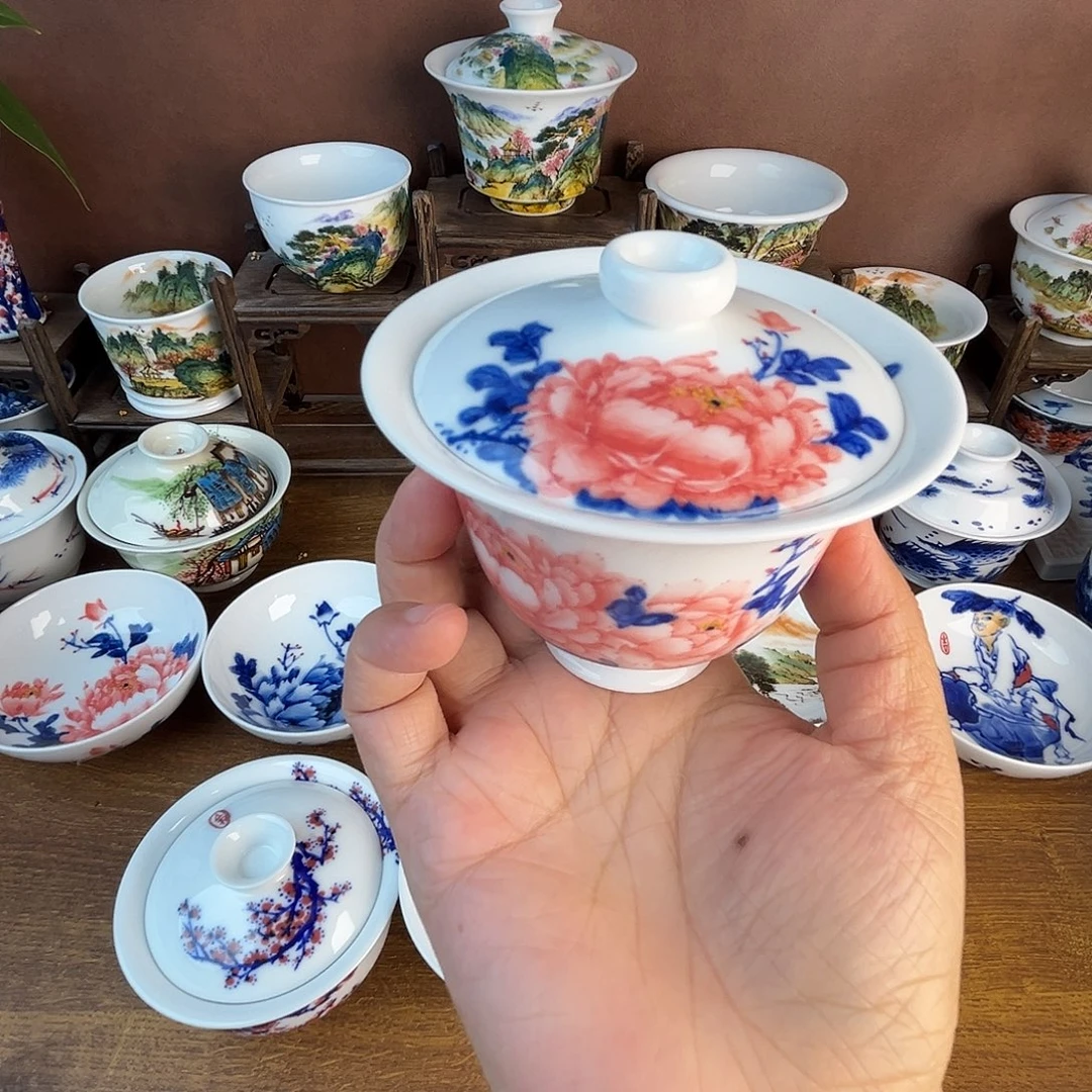 忠意堂釉下彩牡丹盖碗微瑕不退