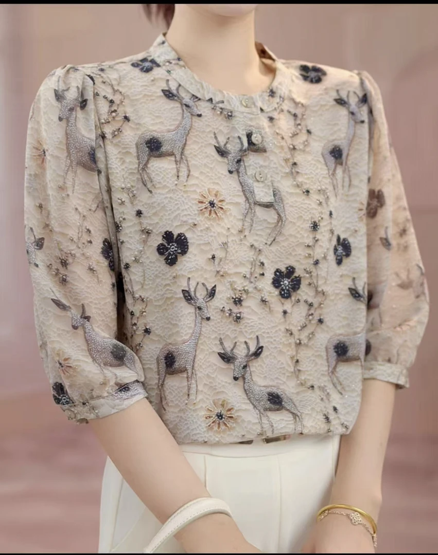 复古梅花鹿印花宽松七分袖透气衬衫夏季女装小衫高档遮肉遮肚上衣