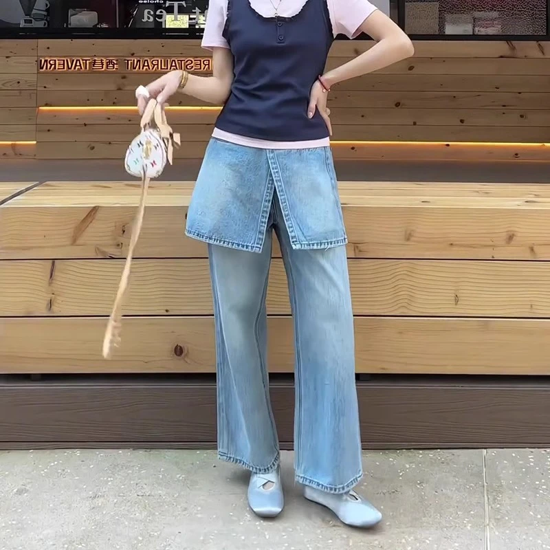 春季新款浅蓝色时尚屁帘直筒牛仔裤女高腰显瘦假两件设计感九分裤